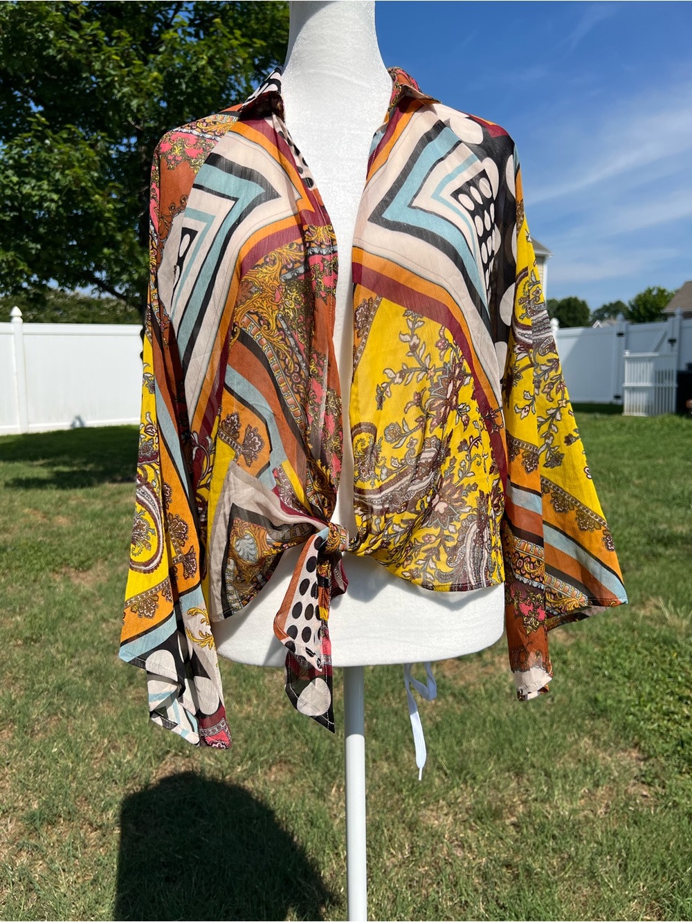 Fashion Nova Multi-Color Printed Tie-Front Sheer Blouse Size Small